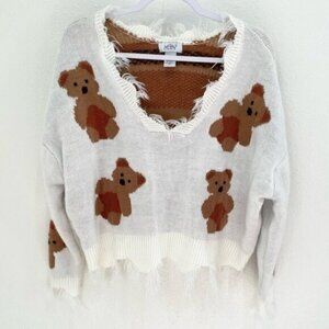 Just Polly Frayed Bear V-Neck Sweater Dainty Cozy Boho Kitschy